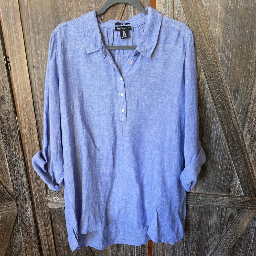 JNY Jones New York Shirt Womens Size 1X Blue 100% Linen Roll Tab Sleeve Pullover